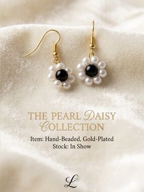 ❤️ Exquisite Gold-Plated Pearl & Black Center Flower drop Earrings